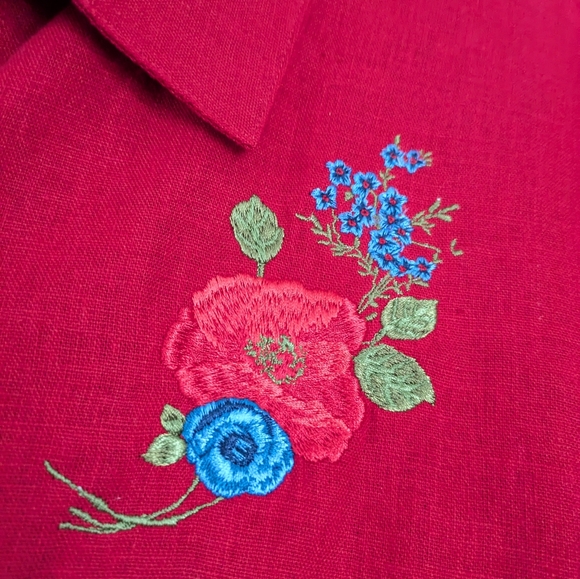 Vtg 90s Top Embroidered Floral Button Up Blouse Cottage Size 18W Linen Blend Red - Picture 5 of 8